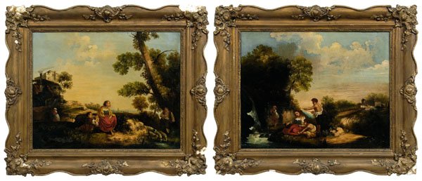 Pair of pastoral scenes,: oil on canvas: fisherman and family at a waterfall, signed "A Brenner" after Adam Brenner, Austrian, 1800-1881, 21-3/4 x 27 in.; shepherd and family by a stream, signed "Oswald", 21-3/4 x 26-7/8 in.; 