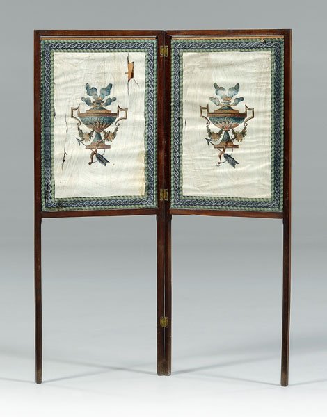Fine Georgian mahogany fire screen,: hinged two-fold screen, mahogany throughout, decorated with four block-painted and hand painted paper panels, one with family crest and inscription "DUNCAN", probably late 18th century, 48-1/4 x 36-1/
