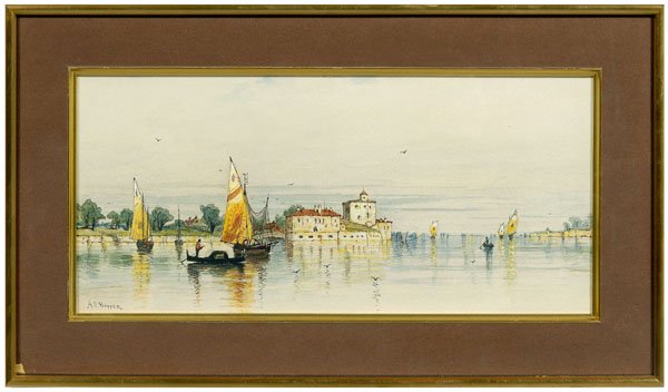 Andrew Fisher Bunner watercolor: (New York, 1841-1897), boats in a harbor, inscribed verso "Opp. Venice", signed lower left "A.F. Bunner" and verso "A.F. Bunner - Pinxt", watercolor on paper, 8-1/4 x 17-1/4 in.; gilt wood frame. Tape