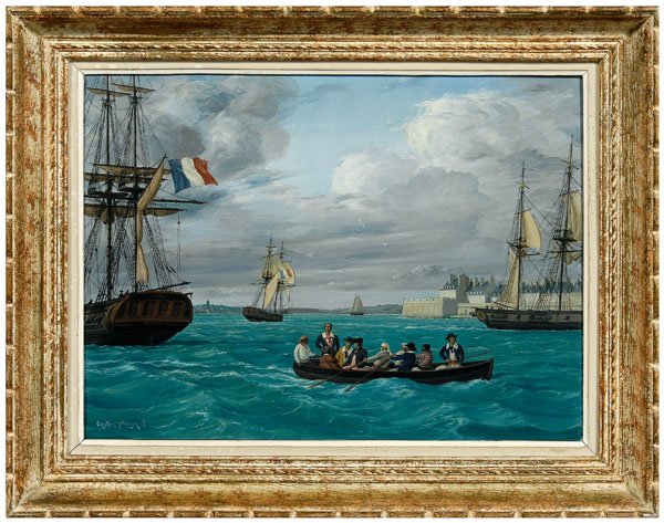 Gustave Alaux painting: (French, 1887-1965), [Surcouf a Saintmalo,] French fleet of ships on the English Channel at the city of Saintmalo, signed lower left "Gustave Alaux [anchor]", signed and titled on stretcher, oil on ca