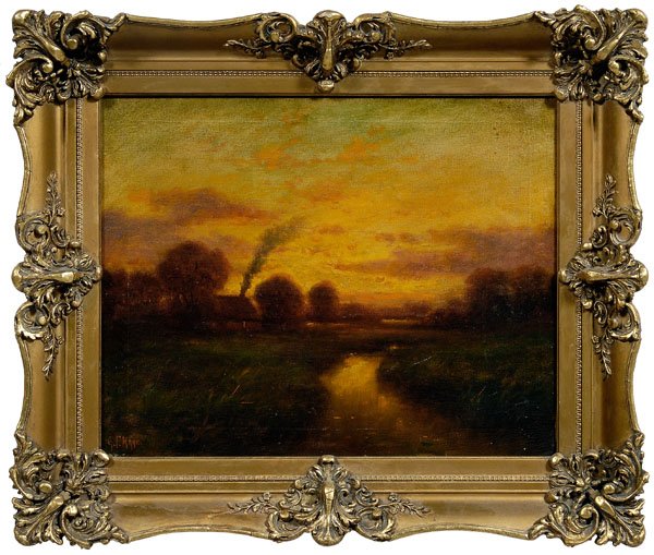 American School painting,: landscape with house at sunset, signed lower left "G.F. Kaye", oil on canvas, 19th century, 16 x 20 in.; 20th century gilt wood and composition frame. Original stretcher and tacking edge, crackle, min