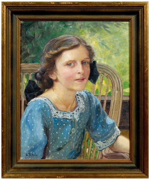 Anton Filkuka painting: (Austrian, 1888-1957), portrait of young girl seated in chair, signed lower left "A Filkuka", oil on canvas, 15 x 18-3/4 in.; modern frame. Laid on plywood; frame with abrasions.