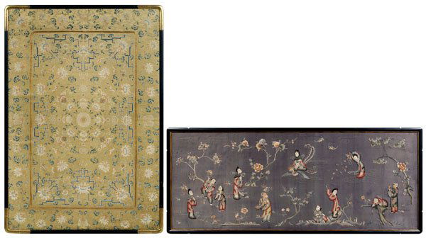 Two Chinese embroidered silk panels: one with scrolling lotuses, bats, fretwork on pale gold ground, one border with metallic gold thread, 42 x 28-1/2 in., [metallic border with thread loss;] one with immortals, flowering trees, river on