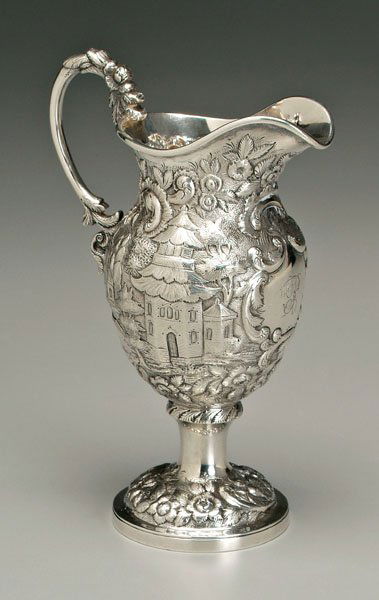 Baltimore repousse coin pitcher,: vasiform with floral and architectural repousse decoration, marked "A.E. WARNER" and "112" (Andrew Ellicott Warner, Baltimore, Maryland, working 1805-1870), monogram, 14.98 oz.T., 8-1/2 x 5-1/2 x 3-3/