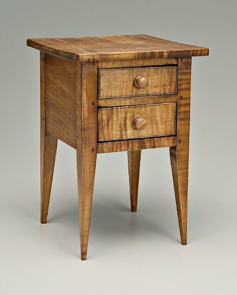 Federal style miniature stand,: figured maple, two hand-dovetailed drawers with poplar secondary, 19th century style, modern construction, 13 in. Very minor wear. Provenance: Private Collection, Michigan