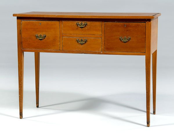 Federal style pine huntboard,: pine throughout with four dovetailed drawers, American, 19th or 20th century, 38 x 50 x 20-1/2 in. Recomposed from some early parts, refinished, scattered filled holes, surface wear and stains.