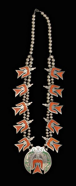 Peyote bird coral, turquoise necklace,: 10 coral inlaid peyote bird forms on double strand silver beads, 2-5/8 x 2-1/2 in.[naja] with inlaid with turquoise decoration and central peyote bird, silver tests .900 or better, 29 in. Wear, scratc