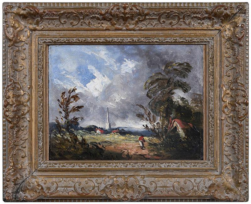 Follower of John Constable: (British, 1776-1837)Landscape with a View of a Cathedral, unsigned, inscribed verso on old label "Pair of Sketches/in oil by/John Constable/View in Suffolk (?)/...from the collection of/James Orrock,"