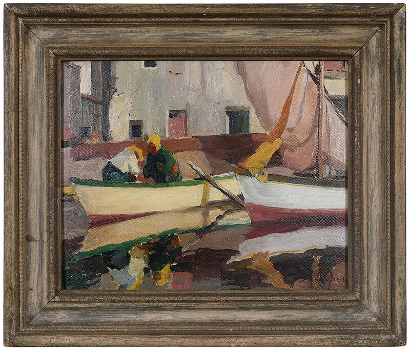 J.G. Liello: (20th century)Las Martiques, France, signed lower right "J. G. Liello", oil on canvas board, 10-5/8 x 13-1/8 in.; painted wood frame, 15 x 17-1/2 in.[fine art doll] - Provenance: Estate of Paul W. Dol