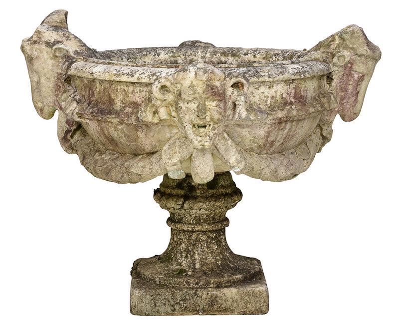 Early Carved Marble Garden Basin on Stand: age unknown, possibly Renaissance, large gray/white carved marble basin with masks and swags in relief, two holes at basin floor, 31 x 13-1/2 in.; on a carved marble plinth, 13 x 12 x 12 in. - Provena