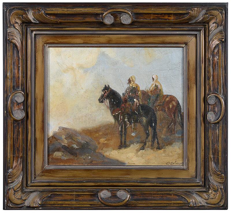 Continental School Painting: (19th/20th century)Arabs on Horseback, signed indistinctly lower right "C.C. Purcell (?), oil on canvas, 8 x 9-1/8 in.; original Nouveau/Arts and Crafts transition frame, 13 x 14 in.[fine art doll][fi