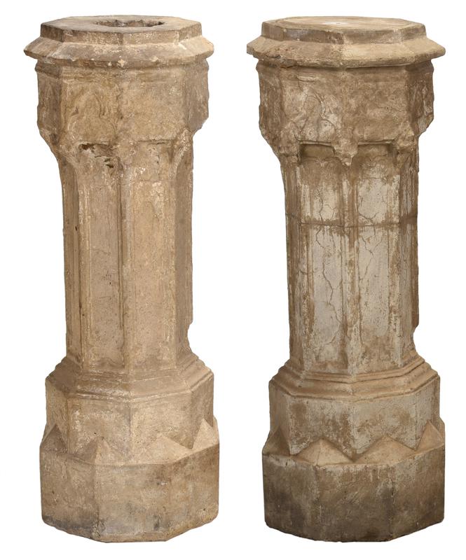 Pair Gothic Style Stone Pedestals: age unknown, probably 19th century, appear to be cast stone, hollow forms with capped tops, octagonal forms with tracery decorations, 44 x 15-1/2 x 15-1/2 in. - Provenance: Estate of Paul W. Doll, Jr.