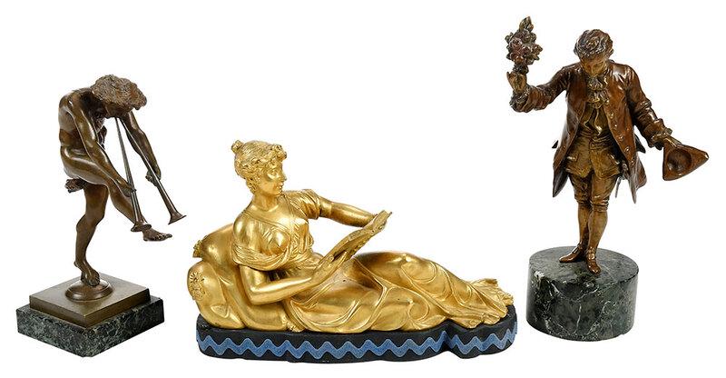Three Small Figural Bronzes: Continental, 19th/early 20th century, nudeÃ¿Bacchantes playing horns, on marble base, unsigned, 7 in.; figure in 18th century attire taking a bow with hat in hand and holding floral bouquet, mounted