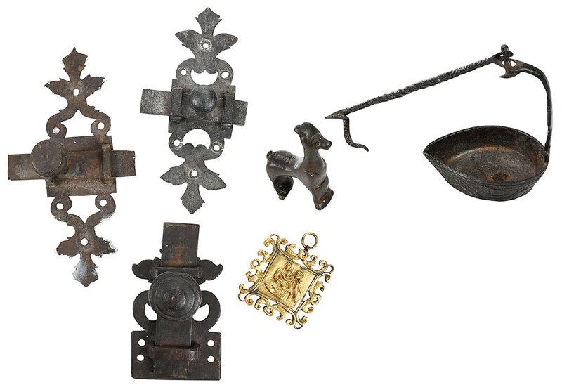 Six Early Iron, Bronze, and Brass Articles: Continental/Italian, 19th century and earlier, 16th century style small gilt brass relief plaque/pendant of the Holy Family with scrolled openwork border, 2-1/4 in.; three Gothic style sheet iron slid