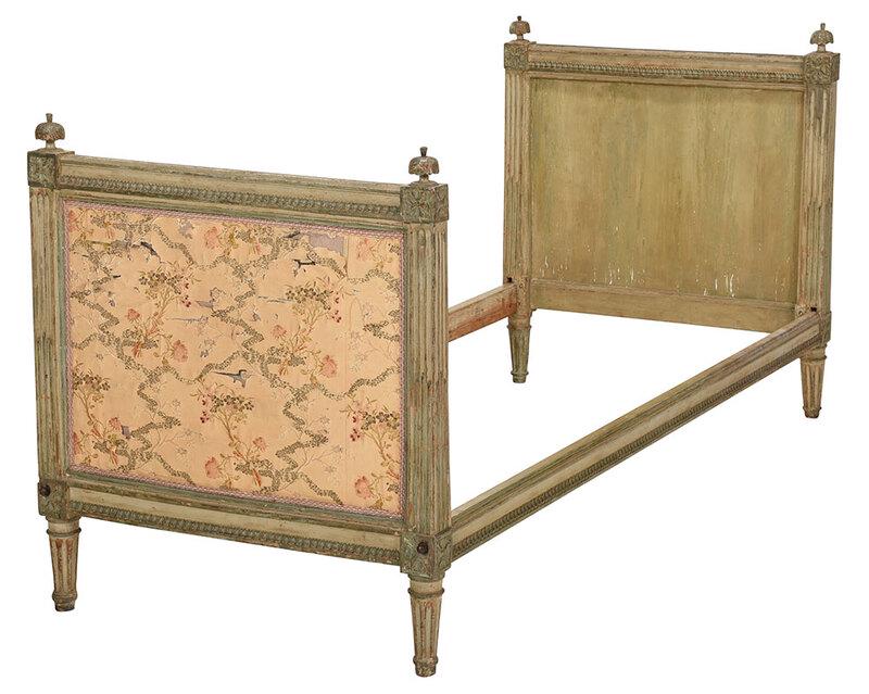 Louis XVI Carved and Paint Decorated Daybed: French, probably 19th century, beechwood frame set with cream and pale blue paint, silk upholstered head and footboard, fluted legs, 36 x 77 x 32 in., interior 29 x 71 in. - Provenance: Estate of Paul