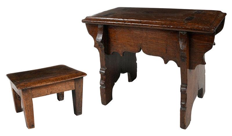 Two Small Wooden Footstools: Continental, 18th/19th century, mortised oak stool with scalloped apron and cut out legs, 12 x 16-1/2 x 8-1/2 in.; walnut stool with slab top with peg construction, 5-1/2 x 9 x 7 in. - Provenance: Est