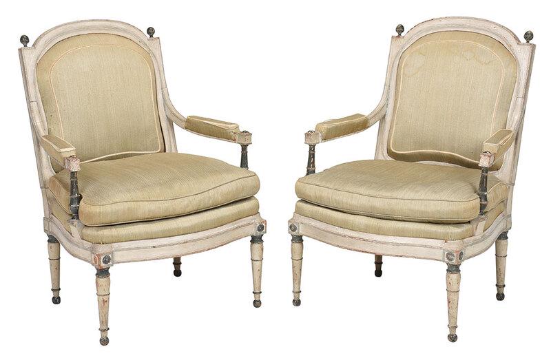 Pair Georges Jacob Directoire Fauteuils a la Reine: French, circa 1795, each with seat rail stamped "G. Jacob", beechwood frames in early pale gray and Prussian blue paint, 39 x 28 x 21 in., seat height with cushion 19 in. - Provenance: Estate of Paul
