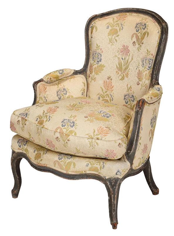 Louis XV Carved and Painted Bergere: French, late 18th century, beechwood frame set with gray blue paint decoration, floral print upholstery with loose down cushion, pinned construction, 38 in. - Provenance: Estate of Paul W. Doll, Jr., 