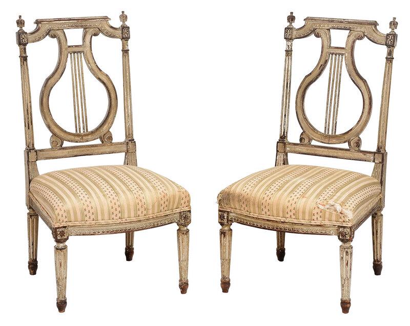 Pair Louis XVI Painted Lyre Back Side Chairs: French, late 18th century, in the manner of Georges Jacob, each with cream painted beechwood frame, lyre backs, on fluted legs, 32-3/4 in., seat height 13-1/2 in. - Provenance: Collection of Mrs. Theo