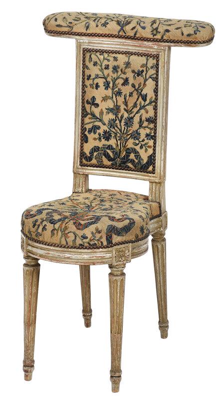 Louis XVI Paint Decorated Beechwood Voyeuse: French, late 18th century, pale blue gray painted beechwood frame set with needlework upholstery, on stop fluted legs, early upholstery with brass tacking, 36-1/2 x 19 x 18 in. - Provenance: Estate of