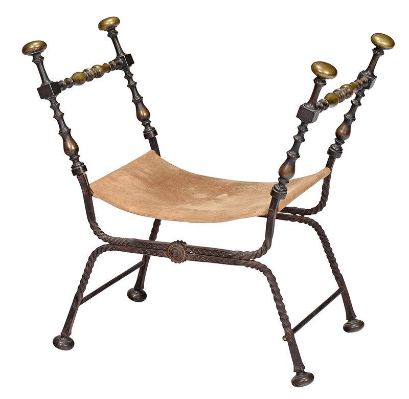 Fine Baroque Iron and Brass Folding Chair: Continental, 17th/18th century, with ball and baluster brass arms affixed to a twisted and punch decorated wrought iron frame, hinged at center, suede upholstered seat, on brass feet, 34 x 34 x 19-1/2