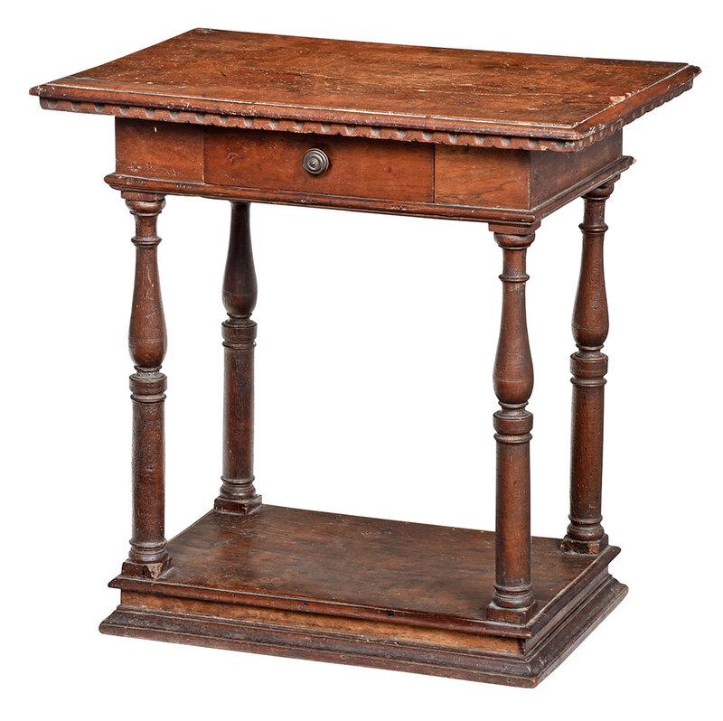 Italian Baroque Walnut Side Table: Continental, 17th century, rectangular top with carved molding over a single drawer, on baluster and column turned legs and platform base, mellow brown color, 28 x 28 x 18-1/4 in. - Provenance: Estate
