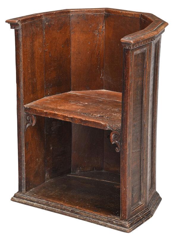 Gothic Carved Paneled Walnut Barrel Back Chair: Continental, probably 16th century, walnut throughout, top with carved molding over exterior panels, plank seat with carved returns,Ã¿32-1/2 x 24-1/2 x 19-1/2 in. - Provenance: Estate of Paul W. Dol