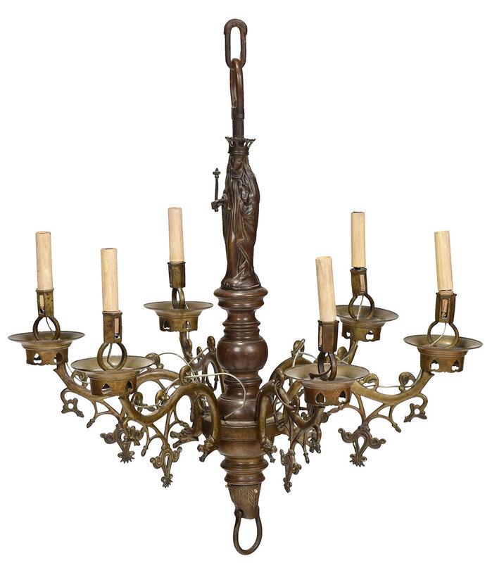 Fine Rare Gothic Figural Bronze Six Light Chandelier: French, possibly 16th century, with crowned figure of the Virgin holding a scepter, standing above a turned plinth surrounded by six scrolled candle arms with dragon's head terminals, heart pierced bo