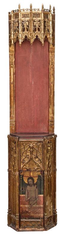 Gothic Spanish Shrine Cabinet: probably 15th Century, carved and gilded tall canopy with canted cabinet base, pierced top and tracery, lower cabinet possibly for a reliquary, with window arches and tracery decoration, door a finely