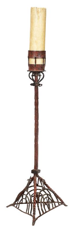 Gothic Painted Wrought Iron Torchiere: British or French, probably 14th-16th century, very large candle cup with hourglass supports, tripod base with twisted wrought iron supports and fleur de lis decoration, 56 in.Note: The Walter P. Chry