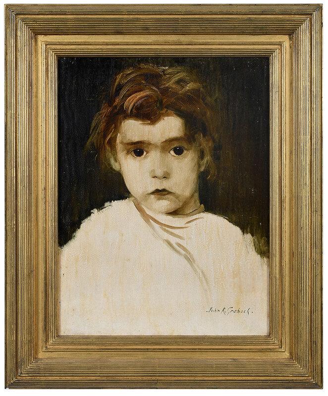 John R.Grabach: (American, 1886-1981)Head of a Child, unfinished study, c. 1935, signed lower right "John R. Grabach", oil on panel, 16 x 12 in.; carved gilt wood frame, 21-1/2 x 17-3/4 in.[fine art doll] - Provenanc