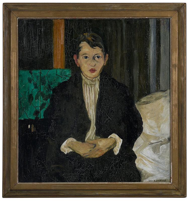 John R. Grabach: (American, 1886-1981)Boy with a Green Screen, signed lower right "John R. Grabach", oil on canvas, 31 x 29 in.; carved gilt wood and composition frame, 36-1/2 x 34-1/2 in.[fine art doll] - Provenance: