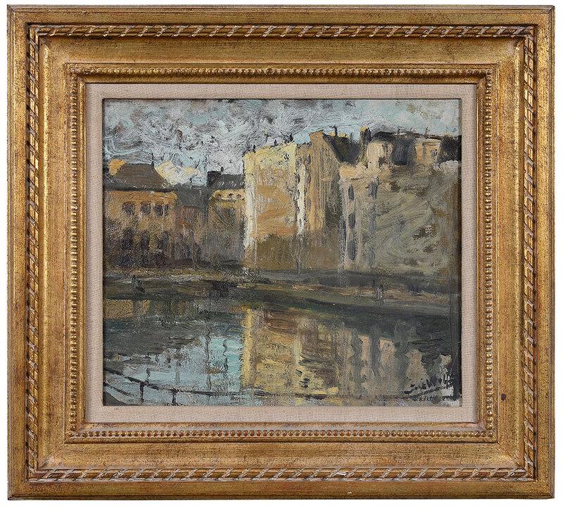 American impressionist Painting: (20th century)View of Town, signed lower right "Jack Wolfe", oil on Masonite, 12-7/8 x 14-7/8 in.; gilt wood frame, 19-5/8 x 21-5/8 in.[fine art doll] - Provenance: Estate of Paul W. Doll, Jr., Lake T
