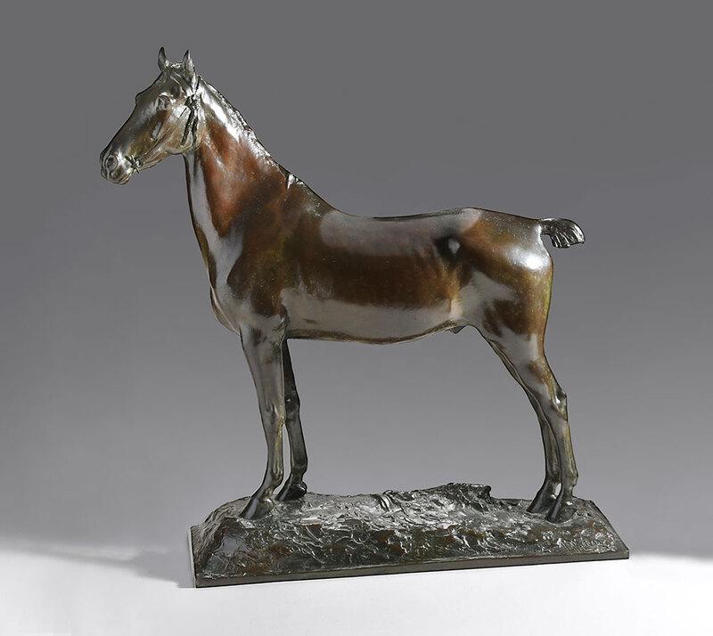 Henry Merwin Shrady: (New York, 1871-1922)Standing Hunter Stallion, signed "H.M. Shrady/1903", with foundry mark "Roman Bronze Works, N-Y-", patinated bronze, 22-1/4 x 21 x 6-1/8 in.[fine art doll] - Provenance: Estate of