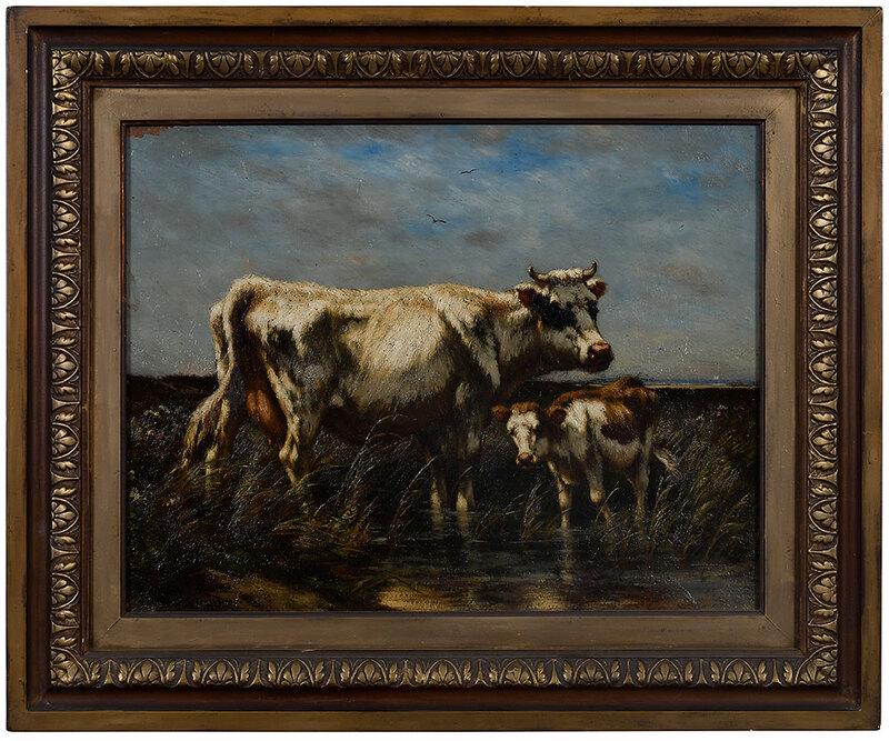 J. Carlton Wiggins: (American, 1848-1932)Cow and her Calf, signed lower left "Carleton Wiggins/1881", oil on canvas, 14 x 18 in.; carved gilt wood and composition frame, 20 x 24 in.ÿ[fine art doll] - Provenance: Estate 