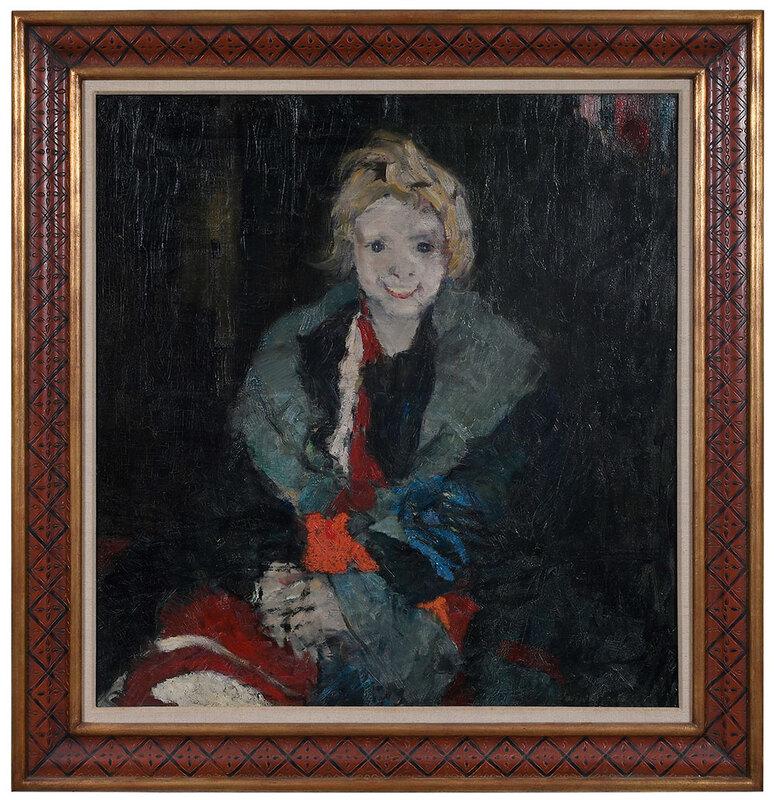 John R. Grabach: (American, 1886-1981)Little Helen With Green Shawl, signed lower right "John R. Grabach", titled label remnant verso, oil on canvas, 31-1/4 x 29-1/4 in.; carved polychrome wood frame, 38-1/2 x 36-1/2