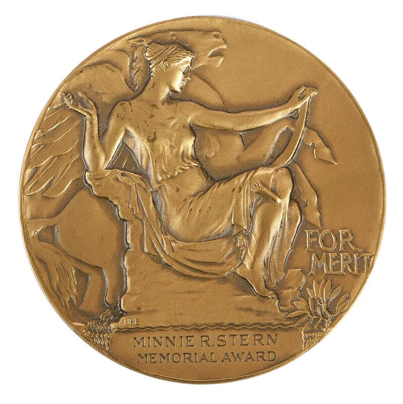 John R. Grabach's Audubon Medal: bronze, with Athena and a winged horse in bas relief recto, engraved "Minnie R. Stern Memorial Award/ FOR MERIT", engraved verso, "AUDUBON ARTISTS/11th ANNUAL, 1953/awarded to/JOHN R. GRABACH", edge s