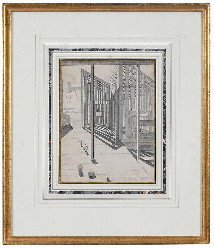 Hans Wiengaertner: (New Jersey/Germany, 1896-1970)Surrealist Composition with Structure and Cats, 1960, signed lower right "Hans Wiengaertner", pencil on paper, sight 11-3/8 x 8-5/8 in.; gilt wood frame, 22-1/8 x 19-1/8