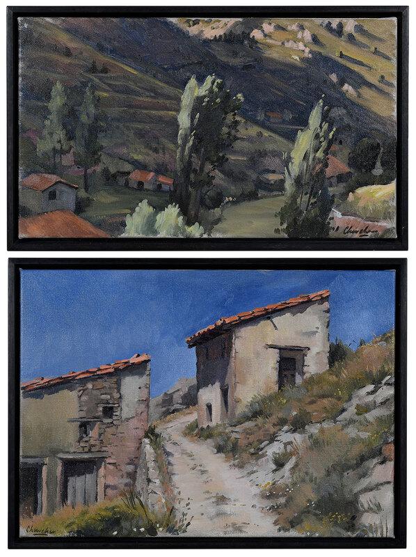 Peter Churcher: (Australian, born 1964)A pair of Alcala, Spain landscapes: Las Casitas, 12-7/8 x 18 in.; Last Night, 10-3/8 x 18 in., 2008, both signed lower right "Churcher", oil on canvas; matching black stained wo