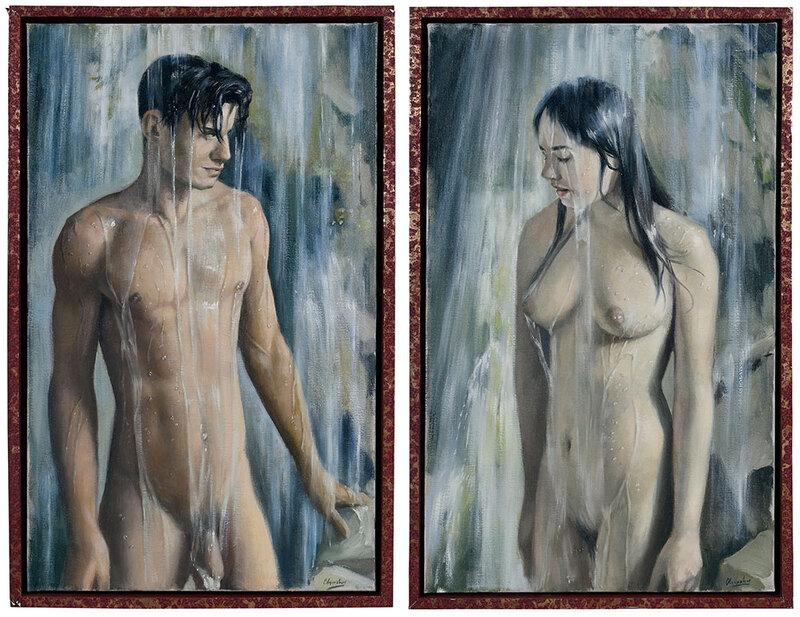 Peter Churcher: (Australian, born 1964)A Pair of Nudes: Adam and Eve, both signed lower right "Churcher", oil on canvas, 29-1/2 x 18-1/4 in.; matching painted wood frames with wallpaper applique, 31-1/4 x 19-7/8 in.[
