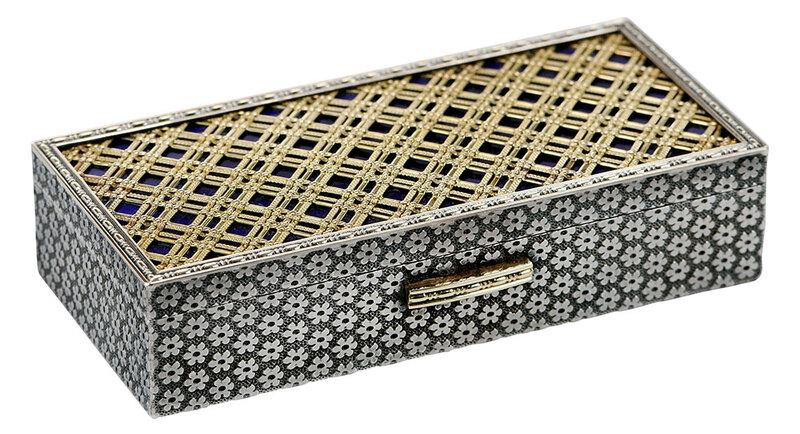 Boucheron French Silver and Enameled Box: 20th century, French silver base with woven giltÿ top with blue enamel, floral background, marks for maker Soubrenie et Bois, "8364" and retailer Boucheron, Paris, "64872", .950 fine, sliding gold la