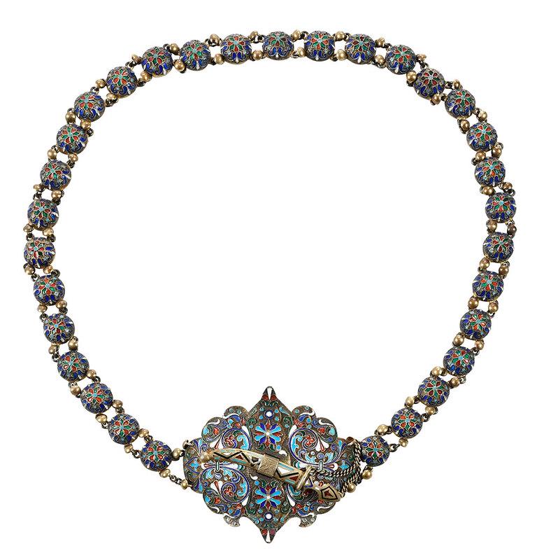 Russian Enameled and Silver Belt: St. Petersburg, late 19th century, two piece cartouche form buckle with sword latch, scroll and floral enamel decoration, all pieces with marks for Alexander Dalliman, .875 fine, 2.73 oz. T., gross we