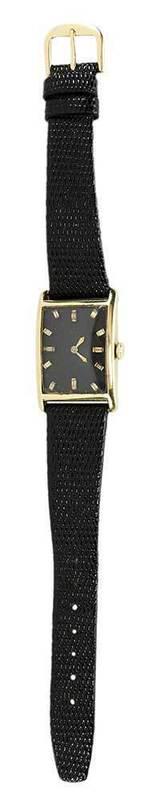 Longines 14kt. Watch: 31 x 25mm case, black dial, yellow baguette cut diamond hour marks, inside case back stamped "AW, Longines Watch Co., Swiss, 14K, 4693919", movement marked "4693919, 15 Jewels, Longines Watch Co., Swi