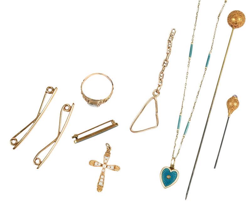 Nine Pieces Antique Gold Jewelry: one bar pin, green enamel, tested 18kt. yellow gold, 3/16 x 1-1/2 in., 2.6 grams; poison ring, crystal carved with Precious Triad, stamped "14", yellow gold, size 10-1/2, 2.1 grams; necklace with hear