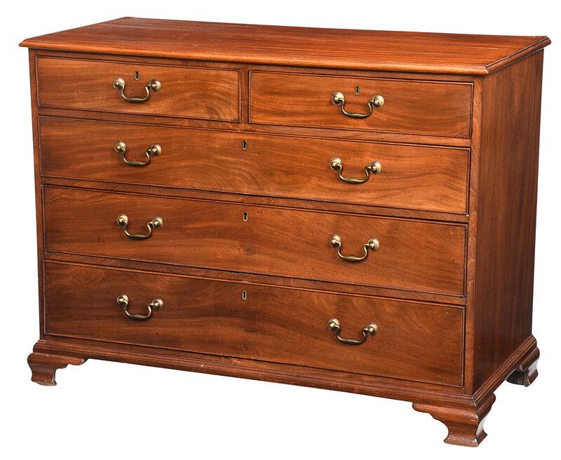 George III Figured Mahogany Five Drawer Chest: British, 18th/19th century, dovetailed construction with mahogany drawer linings, ogee bracket feet, 39 x 50 x 23 in. - Provenance: Collection of Dr. Joseph T. and Gaile E. Wingard, Jacksonville, Flor