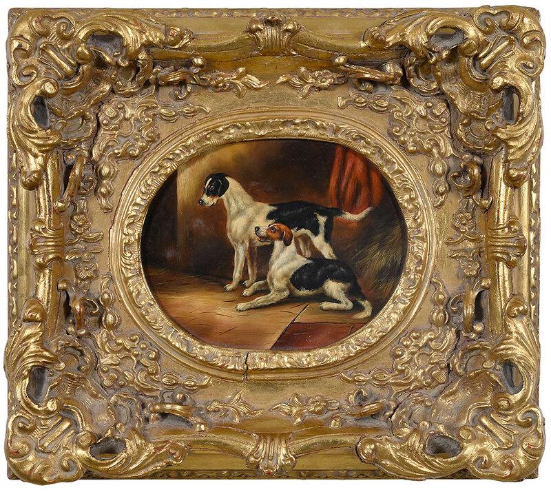 British School Sporting Painting: (19th century)Two Hounds in a Kennel, not apparently signed, oil on panel, 7-1/2 x 9-7/8 in.; fine gilt wood and composition frame, 16-3/8 x 18-1/2 in.[fine art wingard] - Provenance: Collection of Dr
