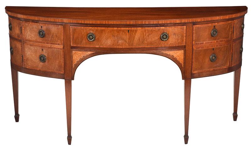 George III Style Inlaid Mahogany Demilune Sideboard: 20th century, central banded drawer flanked by two cabinet doors with false double fronts, further flanked by false cabinets, on tapered legs, 38 x 72 x 26 in. - Provenance: Collection of Dr. Joseph T