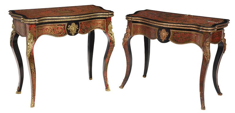 Assembled Pair Napoleon III Style Games Tables: French, late 19th/early 20th century, each with elaborate brass inlay on faux tortoise ground, ebonized bandings, bronze mounts, felt lined playing surface with boulle surround, both fully finished on