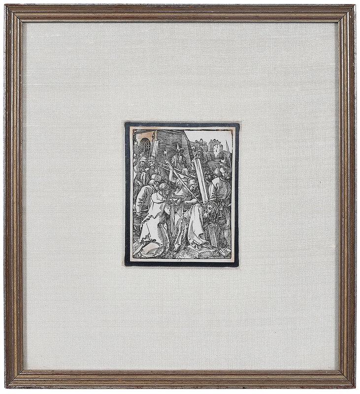 Albrecht Durer: (German, 1471-1528)Christ Bearing the Cross (B. 37, K. 243), from the Small Passion, 1511, signed and dated in block lower right "1509 AD", woodcut on laid paper, image 4-15/16 x 3-13/16 in., sheet 5-