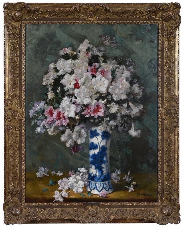 Edouard Chappel: (Belgian, 1859-1946)Azaleas in a Chinese Beaker Vase, signed lower right "E. Chappel.", oil on canvas, 31-3/4 x 23-7/8 in.; gilt wood frame, 38-3/8 x 30-1/2 in.[fine art wingard] - Provenance: Sotheby